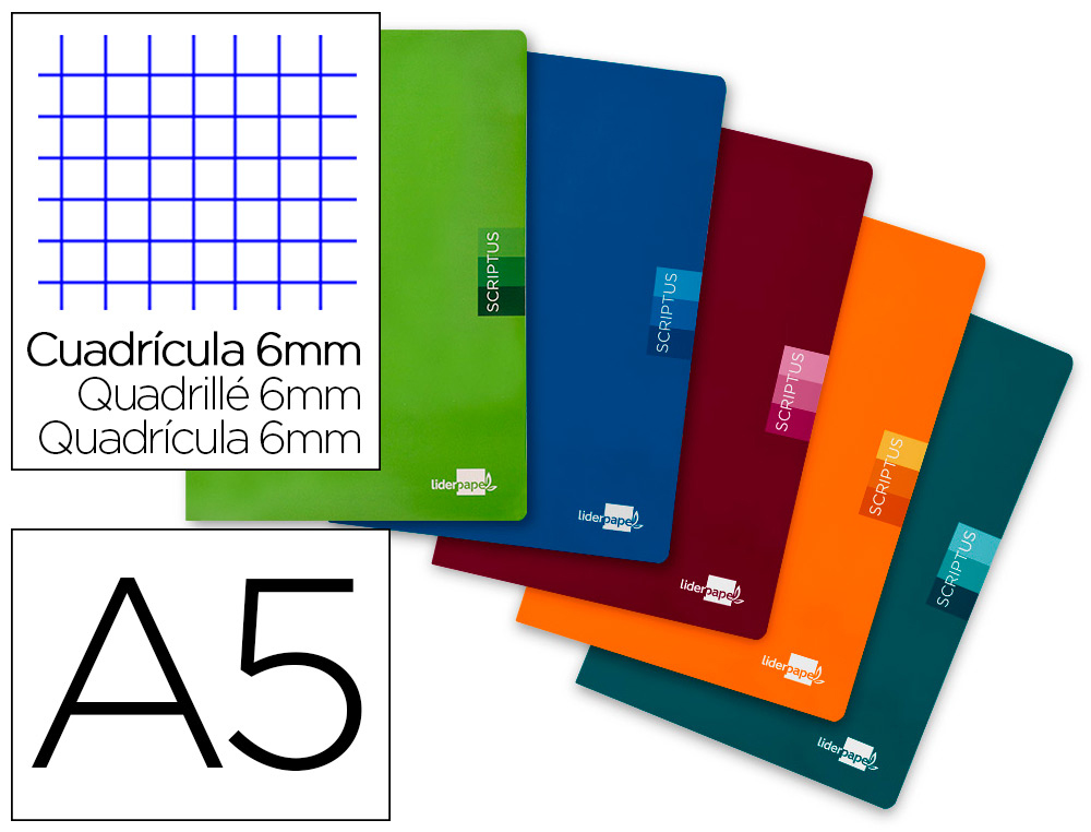 LIDERPAPEL - LIBRETA ESCOLAR SCRIPTUS 48H DIN A5 CUADRO 6 MM PAPEL 90 GR SIN MARGEN 