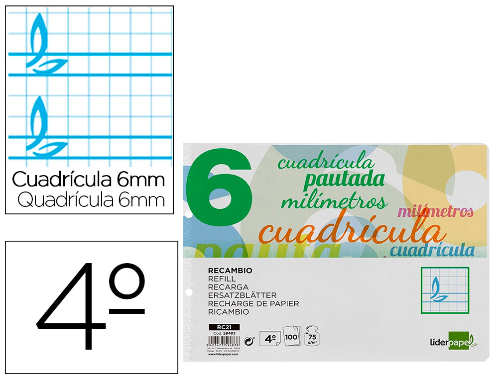 LIDERPAPEL - RECAMBIO CUARTO PAUTAGUIA 100 HOJAS 70 G CUADRICULADO PAUTADO 6 MM CON MARGEN 2 TALADROS APAISADO (Ref.RC21)