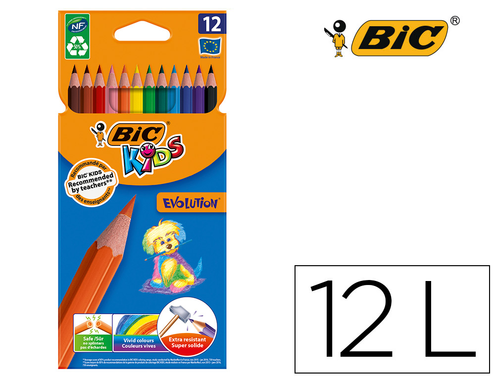 BIC - LAPICES DE COLORES KID EVOLUTION ESTUCHE DE 12 COLORES SURTIDOS MINA ULTRA RESISTENTE (Ref.829029)