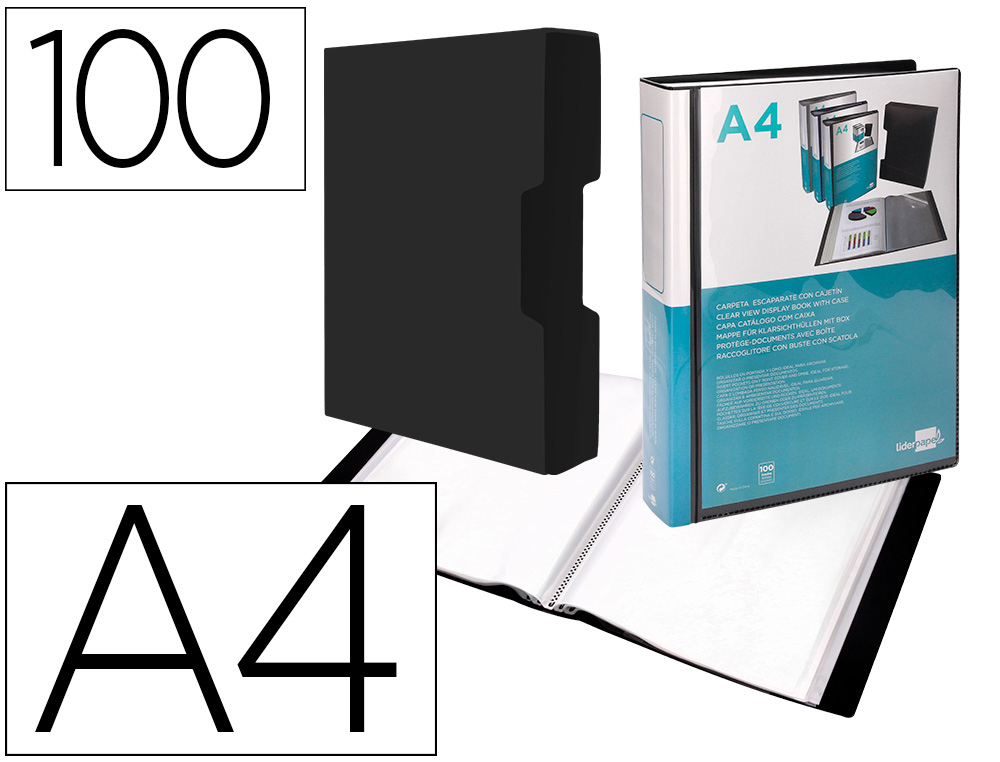 LIDERPAPEL - CARPETA ESCAPARATE 37865 100 FUNDAS POLIPROPILENODIN A4 NEGRA CON CAJETIN (Ref.CJ65)