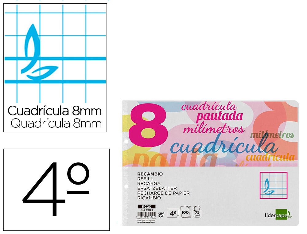 LIDERPAPEL - RECAMBIO CUARTO PAUTAGUIA 100 HOJAS 70 G CUADRICULADO PAUTADO 8 MM CON MARGEN 2 TALADROS APAISADO (Ref.RC20)