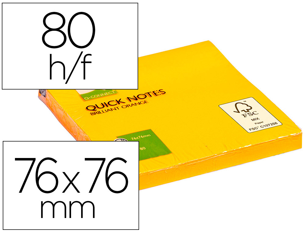 Q-CONNECT - BLOC DE NOTAS ADHESIVAS QUITA Y PON 75X75 MM NARANJA NEON 80 HOJAS (Ref.KF10517)