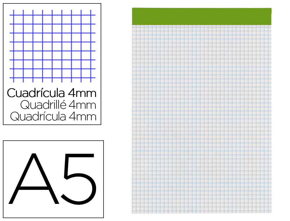 LIDERPAPEL - BLOC NOTAS CUADRO 4 MM A5 80 HOJAS 60 G/M2 PERFORADO SIN TAPA (Ref.BN19)