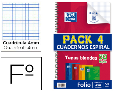 OXFORD - BLOC ESPIRAL TAPA FLEXIBLE OPTIK PAPER FOLIO 50 HOJAS 90 GR CUADROS 4 MM PACK DE 4 (Ref.400027270)