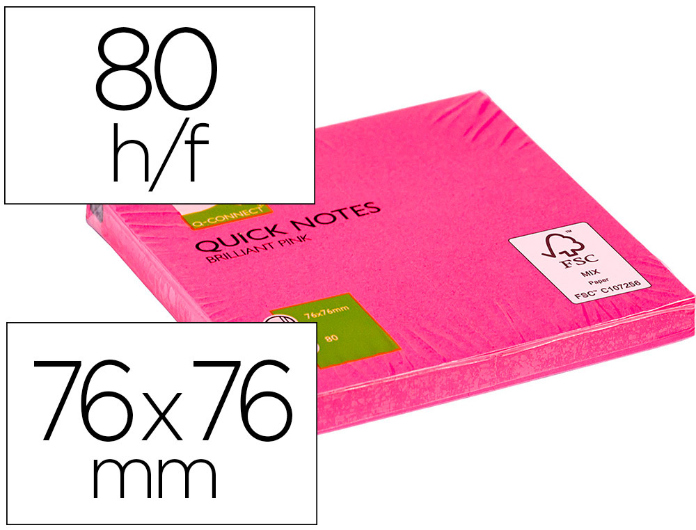 Q-CONNECT - BLOC DE NOTAS ADHESIVAS QUITA Y PON 75X75 MM ROSA NEON 80 HOJAS (Ref.KF10516)