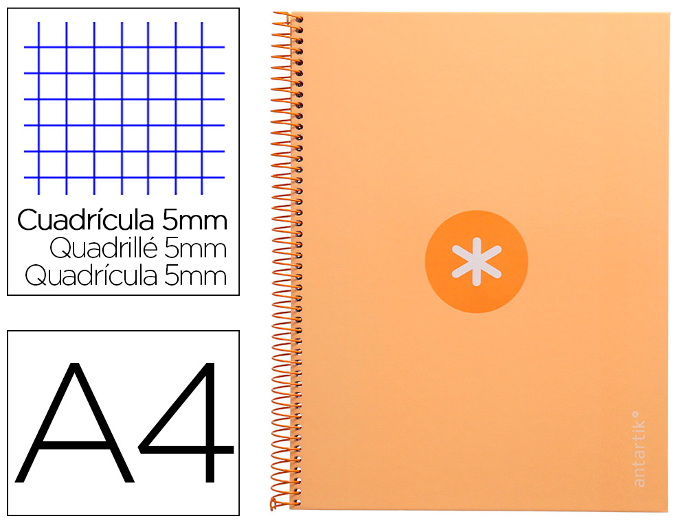 ANTARTIK - Cuaderno espiral liderpapel A4 micro tapa forrada 80h 90 gr cuadro 5mm 1 banda 4 taladros amarillo cl (Ref. KB20)