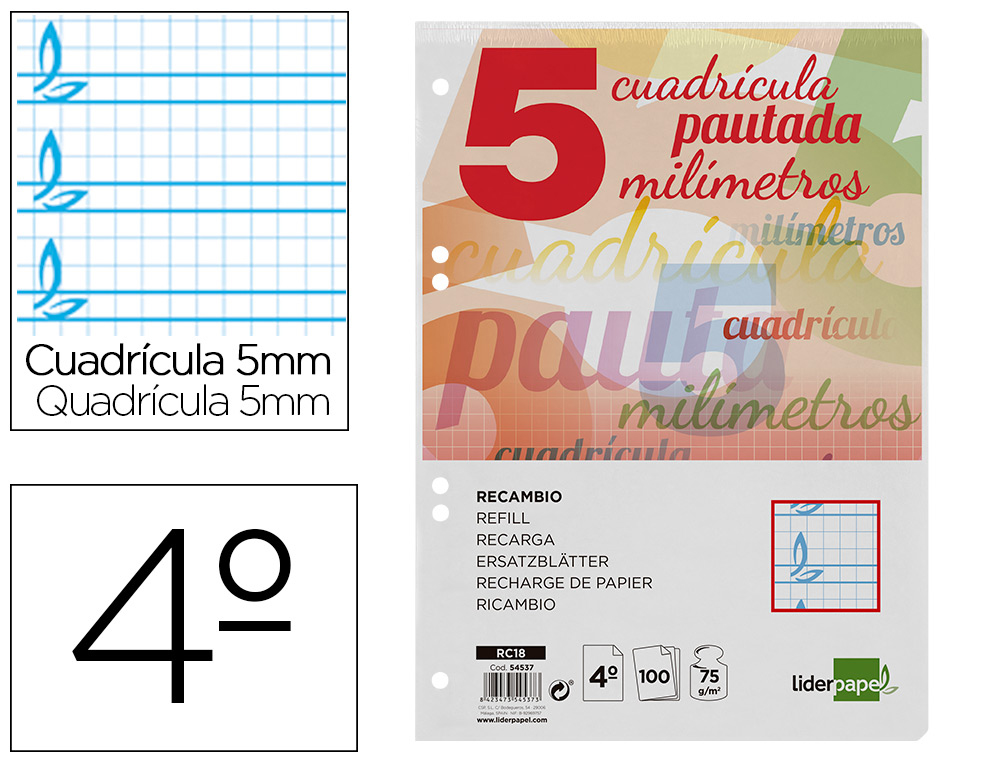 LIDERPAPEL - RECAMBIO CUARTO PAUTAGUIA 100 HOJAS 80 G CUADRICULADO PAUTADO 5 MM CON MARGEN 6 TALADROS (Ref.RC18)