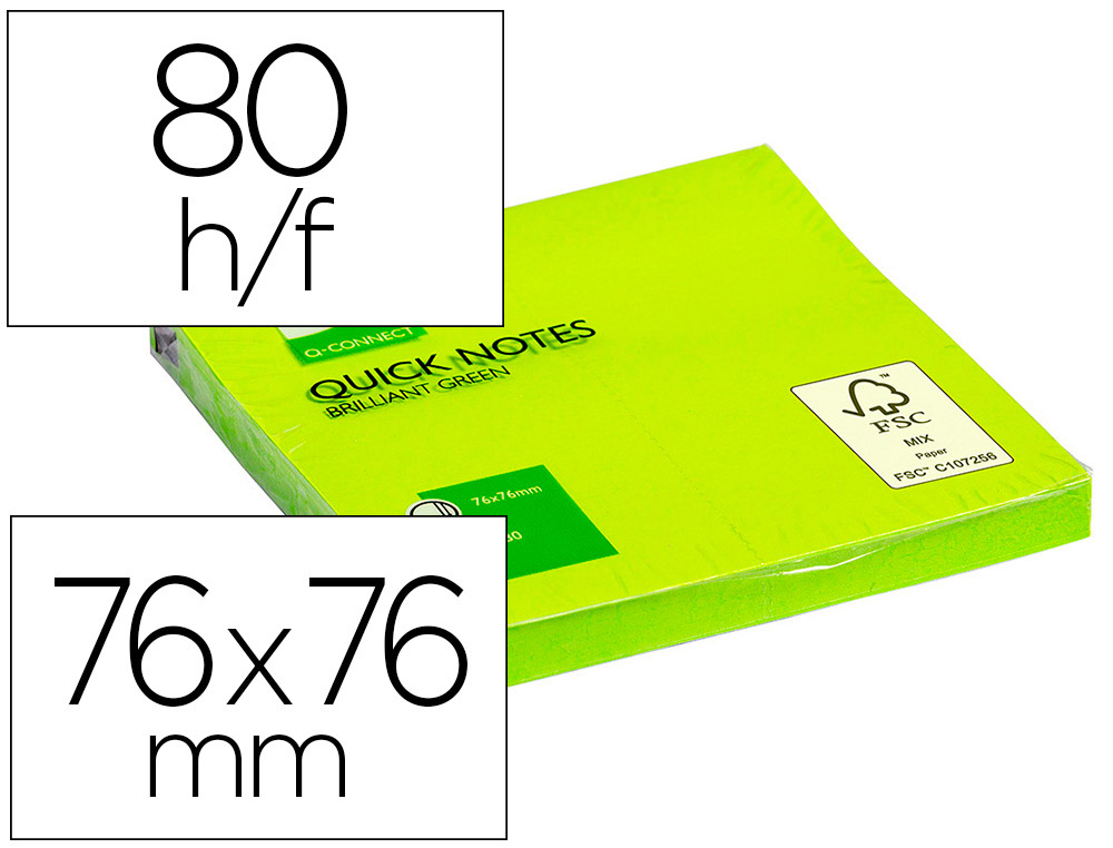 Q-CONNECT - BLOC DE NOTAS ADHESIVAS QUITA Y PON 75X75 MM VERDE NEON 80 HOJAS (Ref.KF10515)