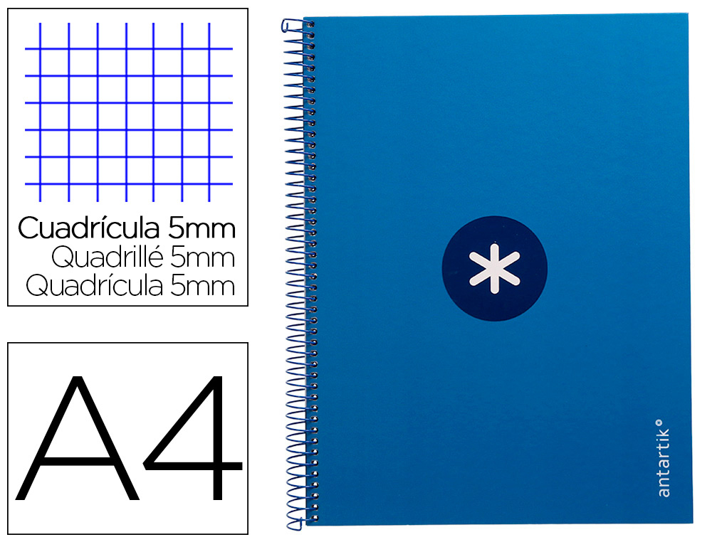 ANTARTIK - Cuaderno espiral liderpapel A4 micro tapa forrada 80h 90 gr cuadro 5mm 1 banda 4 taladros azul oscuro (Ref. KB27)