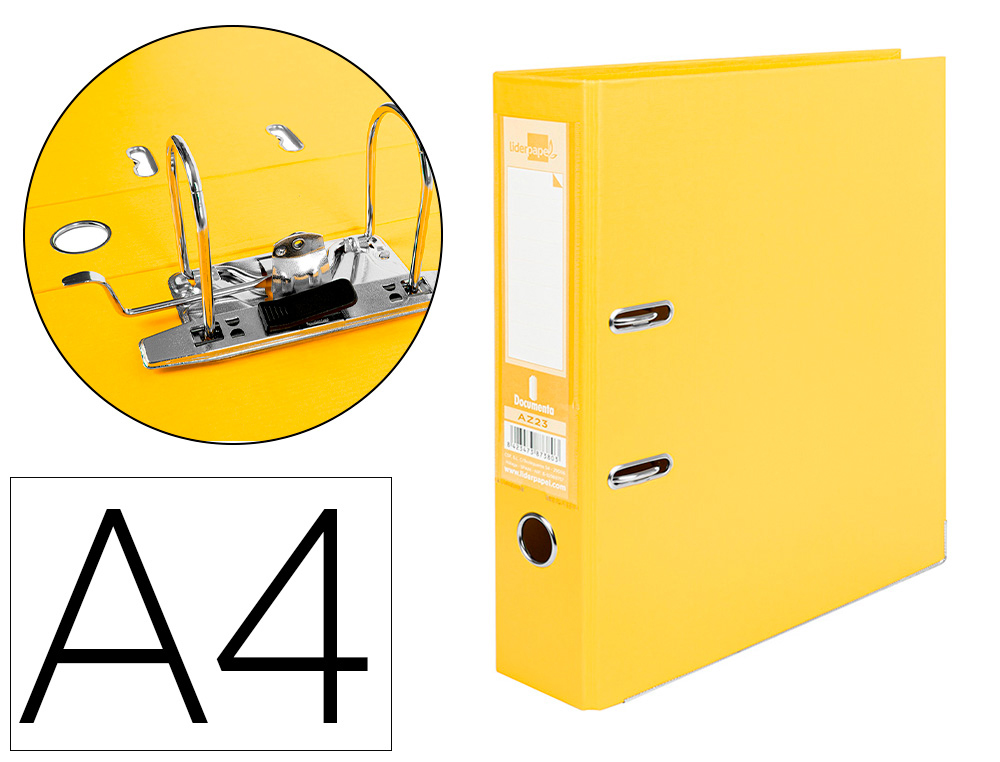 LIDERPAPEL - ARCHIVADOR DE PALANCA A4 DOCUMENTA FORRADO PVC CON RADO LOMO 75MM AMARILLO COMPRESOR METALICO (Ref.AZ23)