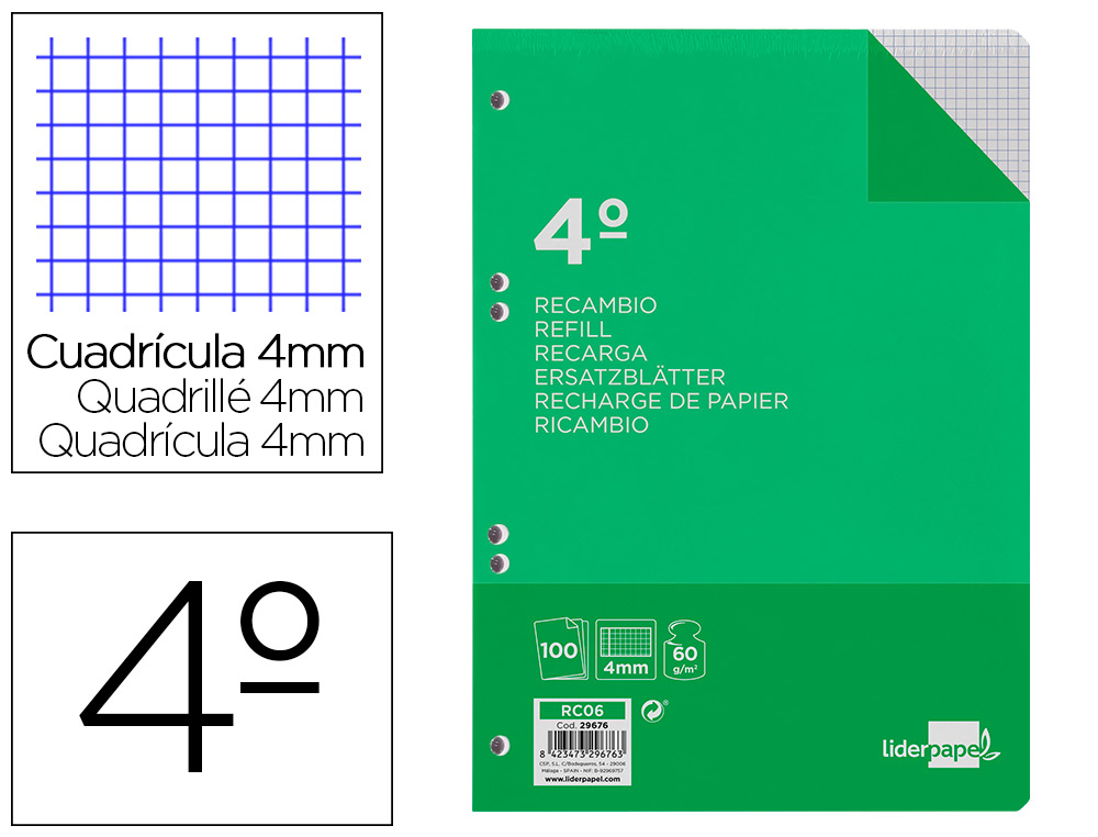 LIDERPAPEL - RECAMBIO CUARTO 100 HOJAS 60G/M2 CUADRO 4MM CON MARGEN 6 TALADROS (Ref.RC06)
