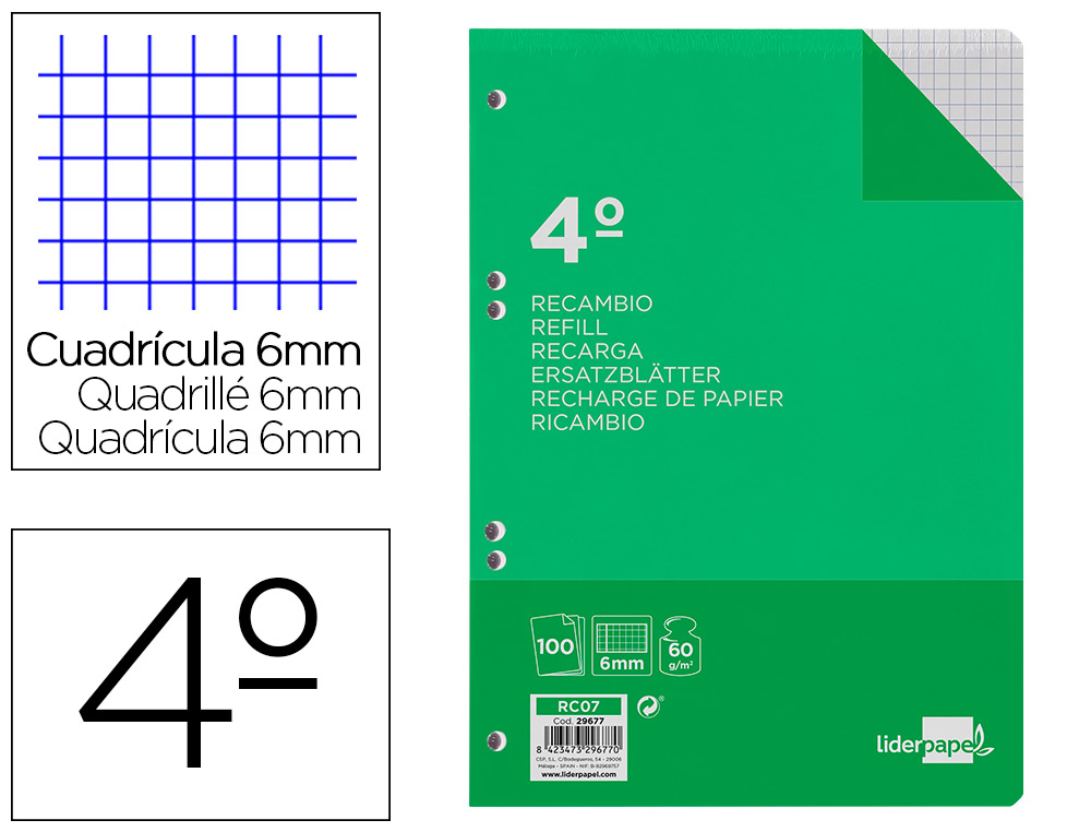 LIDERPAPEL - RECAMBIO CUARTO 100 HOJAS 60G/M2 CUADRO 6MM CON MARGEN 6 TALADROS (Ref.RC07)