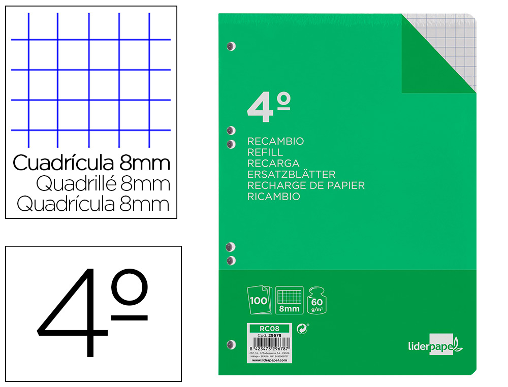 LIDERPAPEL - RECAMBIO CUARTO 100 HOJAS 60G/M2 CUADRO 8MM CON MARGEN 6 TALADROS (Ref.RC08)