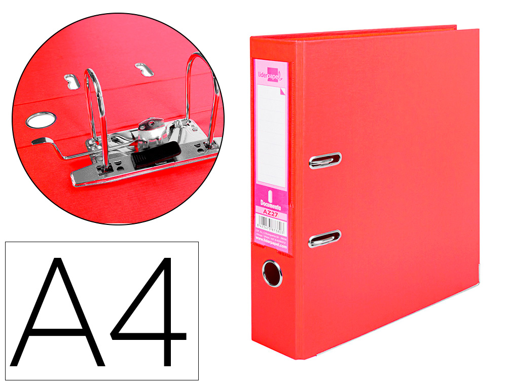 LIDERPAPEL - ARCHIVADOR DE PALANCA A4 DOCUMENTA FORRADO PVC CON RADO LOMO 75MM ROJO COMPRESOR METALICO (Ref.AZ27)