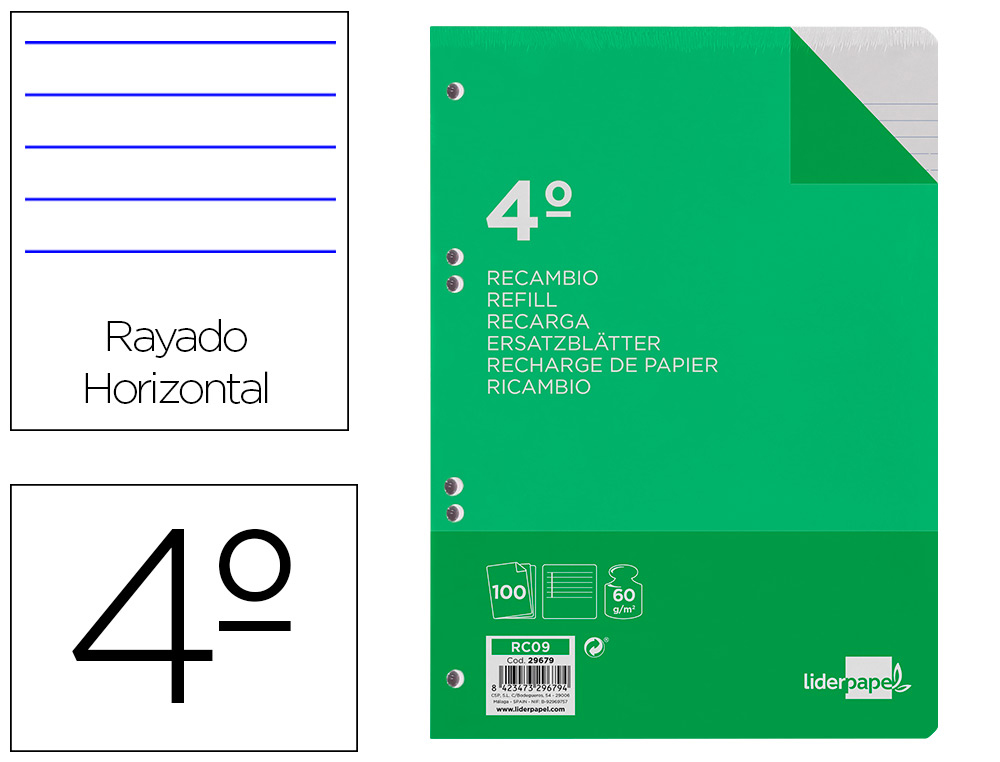 LIDERPAPEL - RECAMBIO CUARTO 100 HOJAS 60G/M2 HORIZONTAL CON MARGEN 6 TALADROS (Ref.RC09)