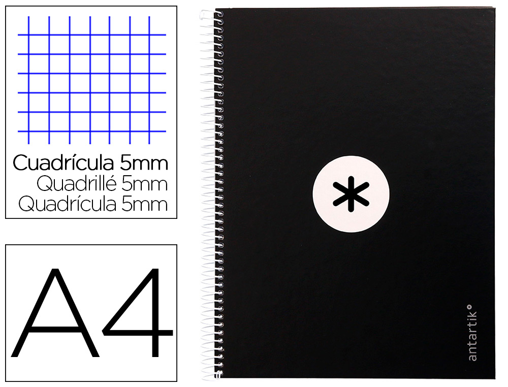 ANTARTIK - Cuaderno espiral liderpapel A4 micro tapa forrada 80h 90 gr cuadro 5mm 1 banda 4 taladros negro (Ref. KB18)