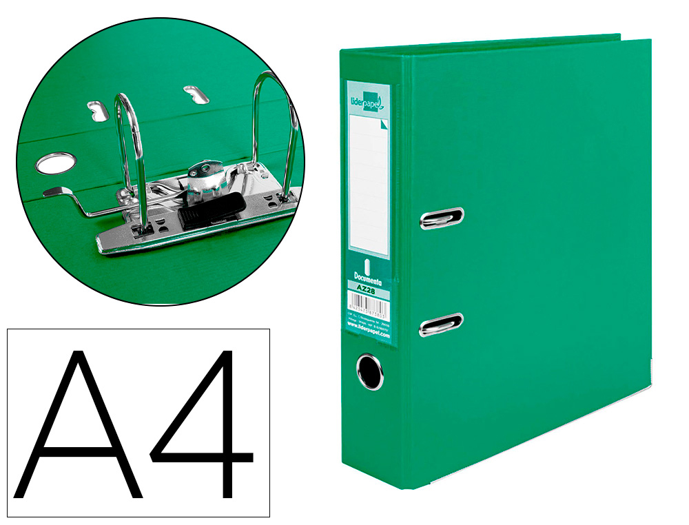 LIDERPAPEL - ARCHIVADOR DE PALANCA A4 DOCUMENTA FORRADO PVC CON RADO LOMO 75MM VERDE COMPRESOR METALICO (Ref.AZ28)