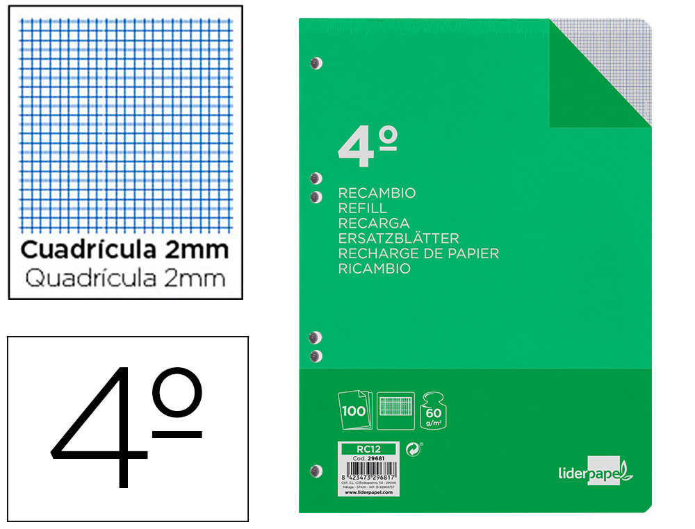 LIDERPAPEL - RECAMBIO CUARTO 100 HOJAS 60G/M2 MILIMETRADO SIN MARGEN 6 TALADROS (Ref.RC12)