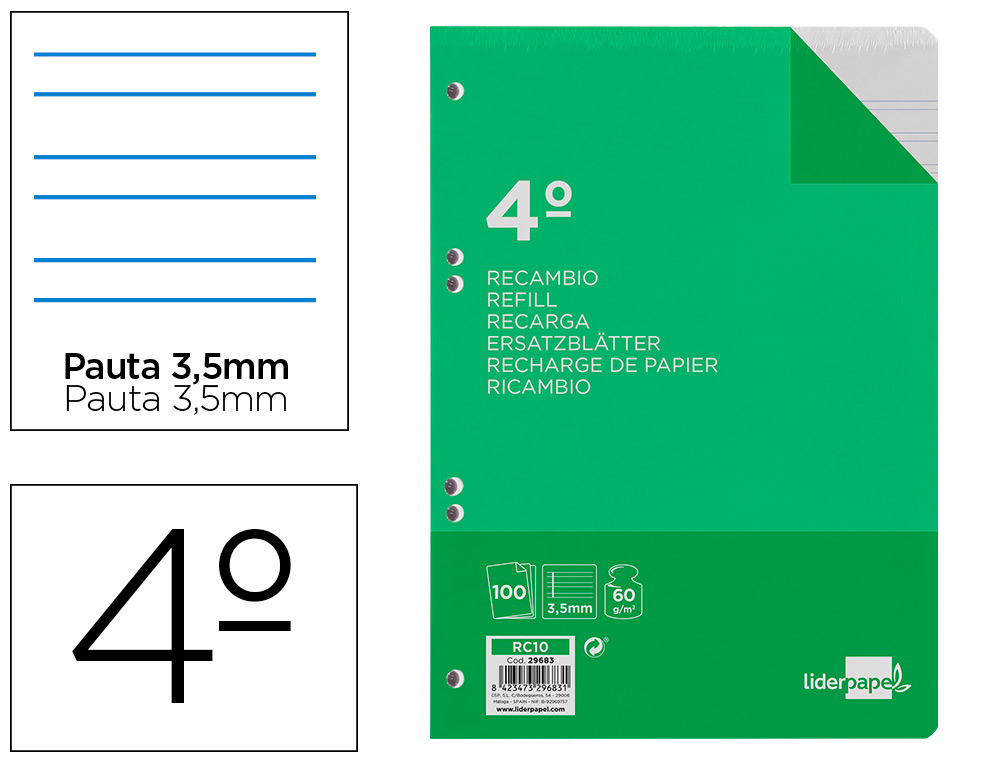 LIDERPAPEL - RECAMBIO CUARTO 100 HOJAS 60G/M2 PAUTA 4ª 3.5MM CON MARGEN 6 TALADROS (Ref.RC10)