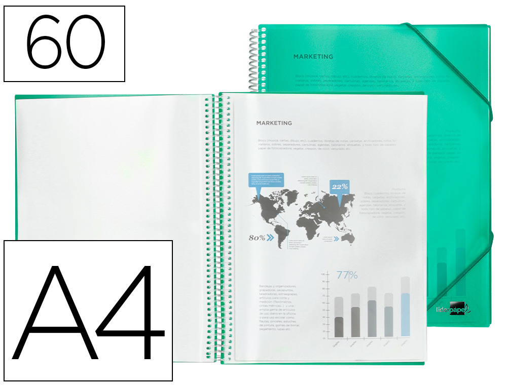 LIDERPAPEL - CARPETA ESCAPARATE CON ESPIRAL 60 FUNDAS POLIPROPILENO DIN A4 VERDE (Ref.EC23)