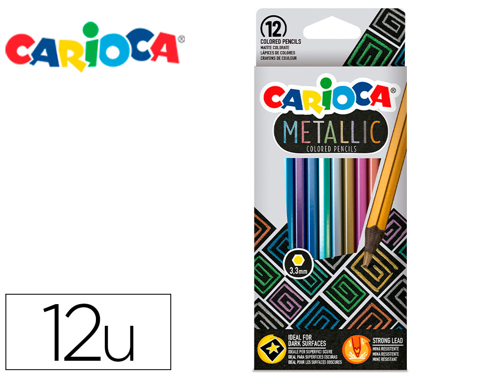 CARIOCA - Lapices de colores metallic hexagonal mina 3,3 mm caja de 12 colores surtidos (Ref. 43164)