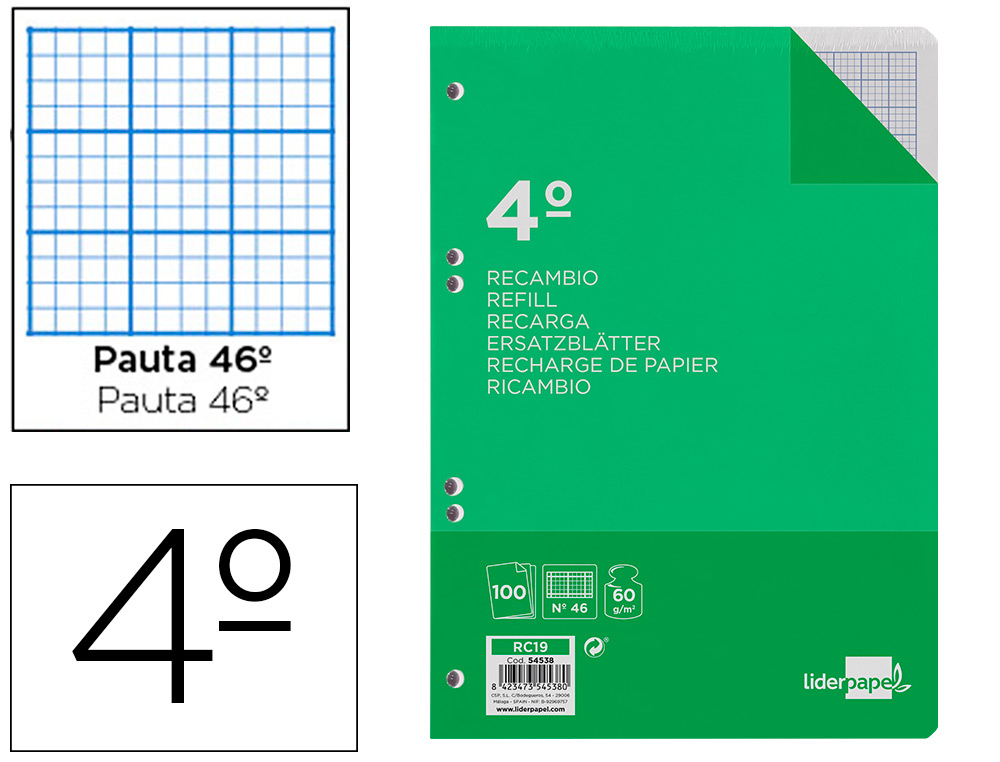 LIDERPAPEL - RECAMBIO CUARTO 100 HOJAS 60G/M2 RAYADO Nº 46 6 TALADROS (Ref.RC19)