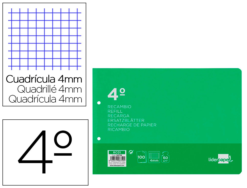 LIDERPAPEL - RECAMBIO CUARTO APAISADO 100 H 2TCA-01 CUADRO 4 MM 2 TALADROS CON MARGEN (Ref.RC01)