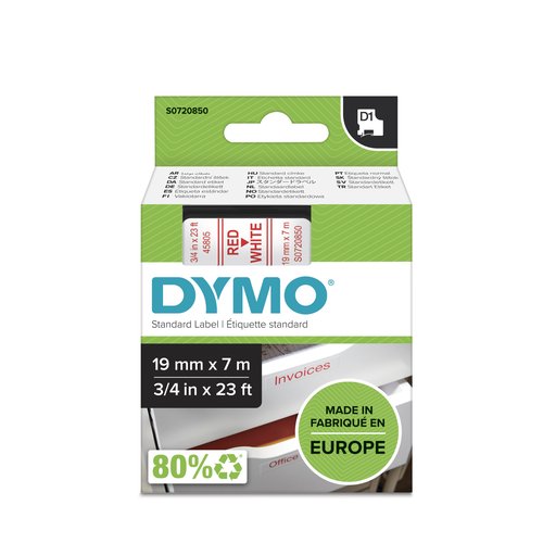 DYMO - Etiquetas D1 19 mm Adhesivo permanente Rojo/Blanco (Ref.S0720850)