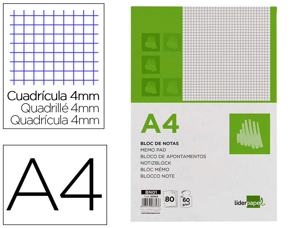 LIDERPAPEL - BLOC NOTAS CUADRO 4MM A4 80 HOJAS 60G/M2 (Ref.BN01)