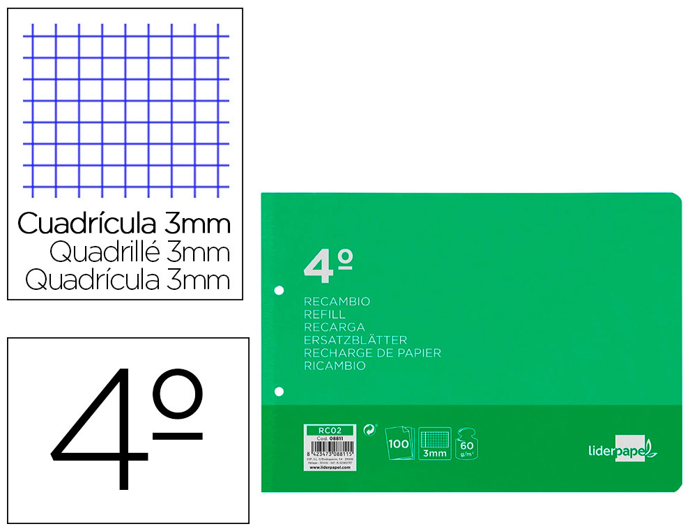 LIDERPAPEL - RECAMBIO CUARTO APAISADO 100 H 2TCA-06 CUADRO 3 MM 2 TALADROS CON MARGEN (Ref.RC02)