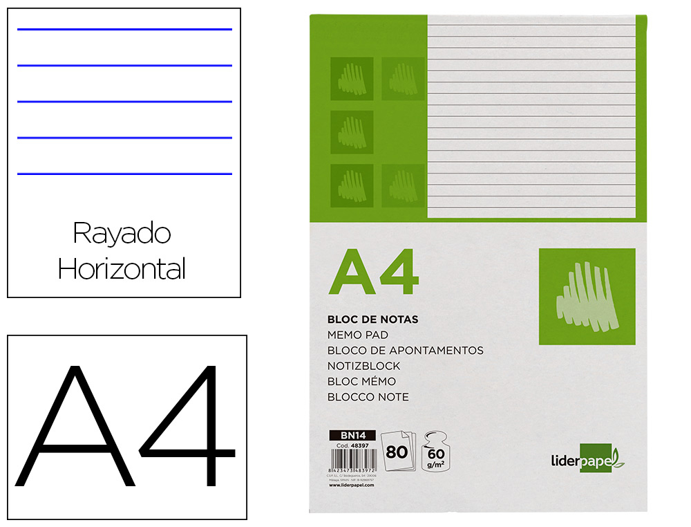 LIDERPAPEL - BLOC NOTAS HORIZONTAL A4 80 HOJAS 60G/M2 (Ref.BN14)