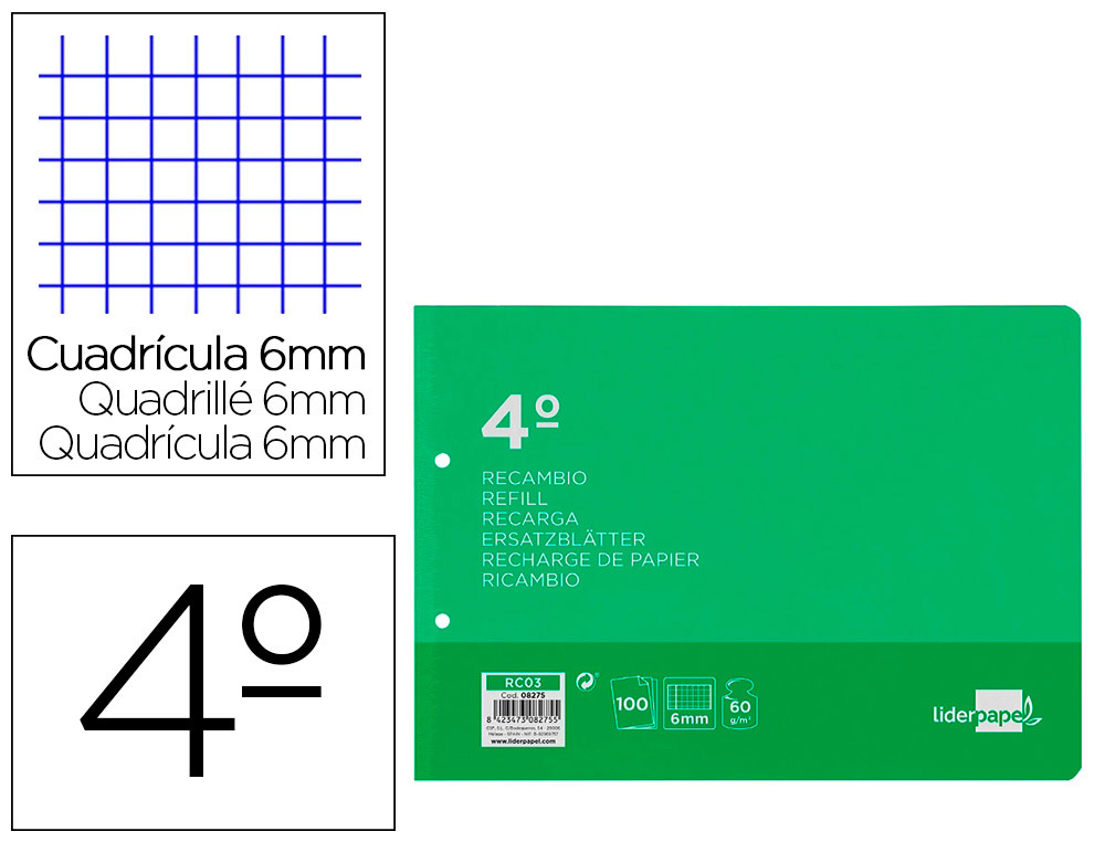 LIDERPAPEL - RECAMBIO CUARTO APAISADO 100 H 2TCA-07 CUADRO 6 MM 2 TALADROS CON MARGEN (Ref.RC03)
