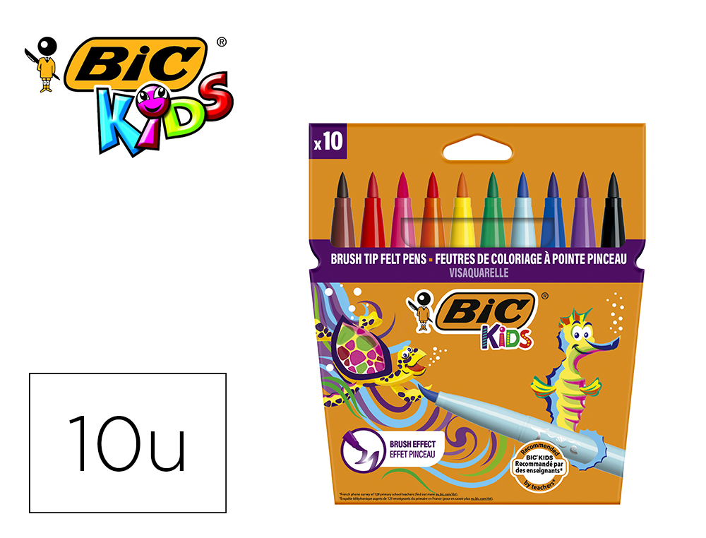 BIC KIDS - ROTULADOR VISAQUARELLE ESTUCHE DE 10 COLORES PUNTA PINCEL TINTA BASE DE AGUA (Ref.828964)