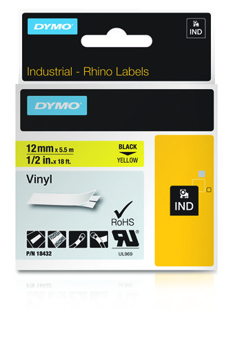 DYMO - Cintas Rhino Rotulacion 12mmX5,5m Amarillo Fuerte adhesion (Ref.18432)
