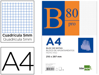 LIDERPAPEL - BLOC NOTAS CUADRO 5MM A4 80 HOJAS 60G/M2 ENCOLADO (Ref.PR01)