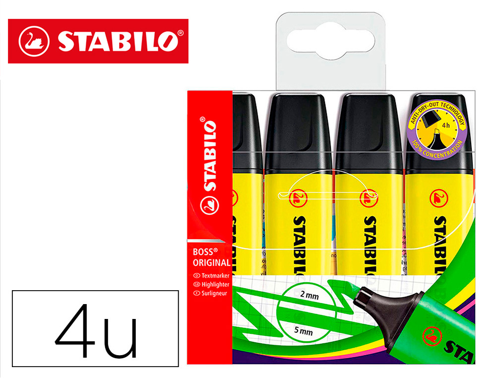 STABILO - Rotulador boss fluorescente 70 amarillo estuche de 4 unidades (Ref. 70/4-24)