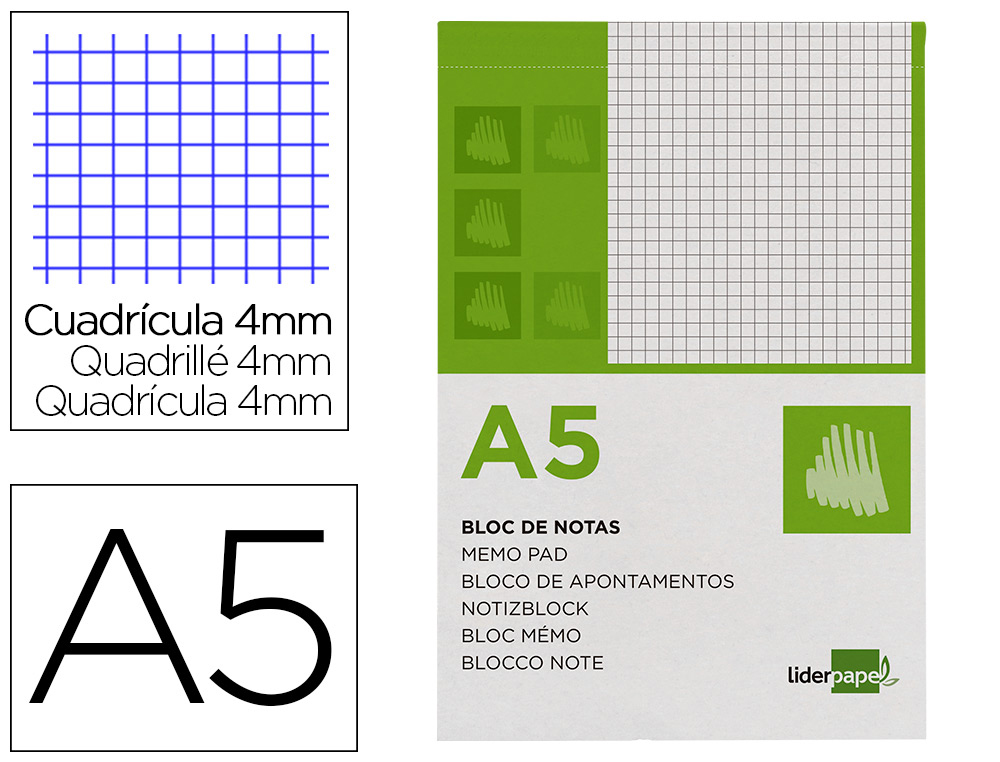 LIDERPAPEL - BLOC NOTAS CUADRO 4MM A5 80 HOJAS 60G/M2 PERFORADO (Ref.BN03)