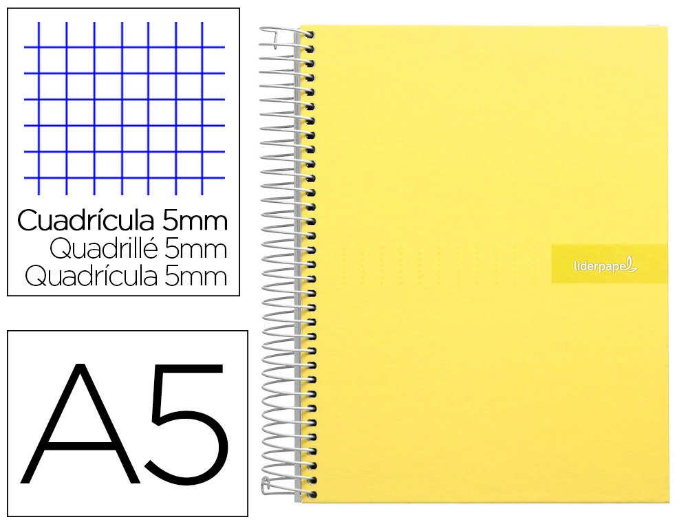 LIDERPAPEL - Cuaderno espiral a5 micro crafty tapa forrada 120h 90 gr cuadro 5mm 5 bandas6 taladros color amarillo (Ref. BJ71)