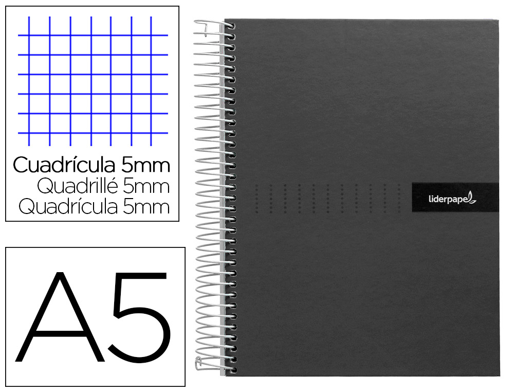 LIDERPAPEL - Cuaderno espiral a5 micro crafty tapa forrada 120h 90 gr cuadro 5mm 5 bandas6 taladros color negro (Ref. BJ74)