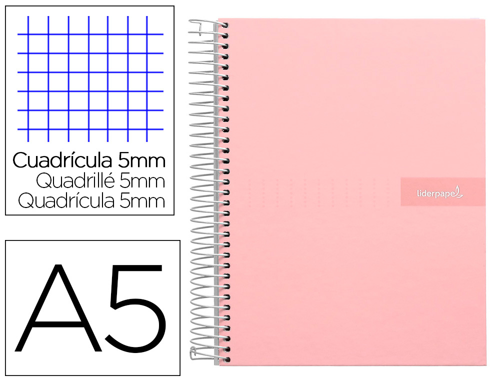 LIDERPAPEL - Cuaderno espiral a5 micro crafty tapa forrada 120h 90 gr cuadro 5mm 5 bandas6 taladros color rosa (Ref. BJ75)