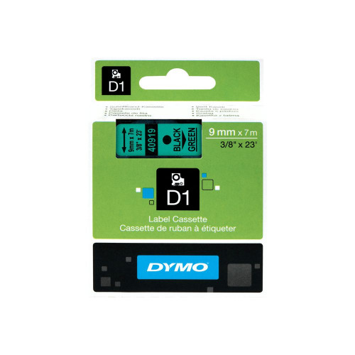 DYMO - Etiquetas D1 Poliester opaco 9mm 7m Negro/Verde Con adhesivo permanente (Ref.S0720740)