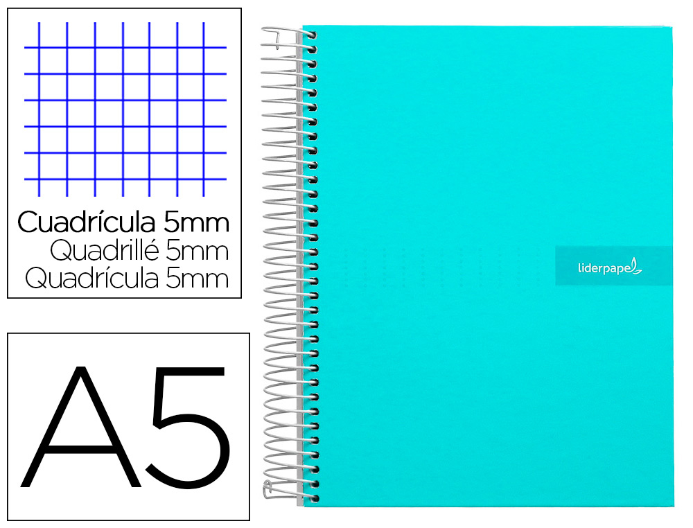 LIDERPAPEL - Cuaderno espiral a5 micro crafty tapa forrada 120h 90 gr cuadro 5mm 5 bandas6 taladros color turquesa (Ref. BJ72)