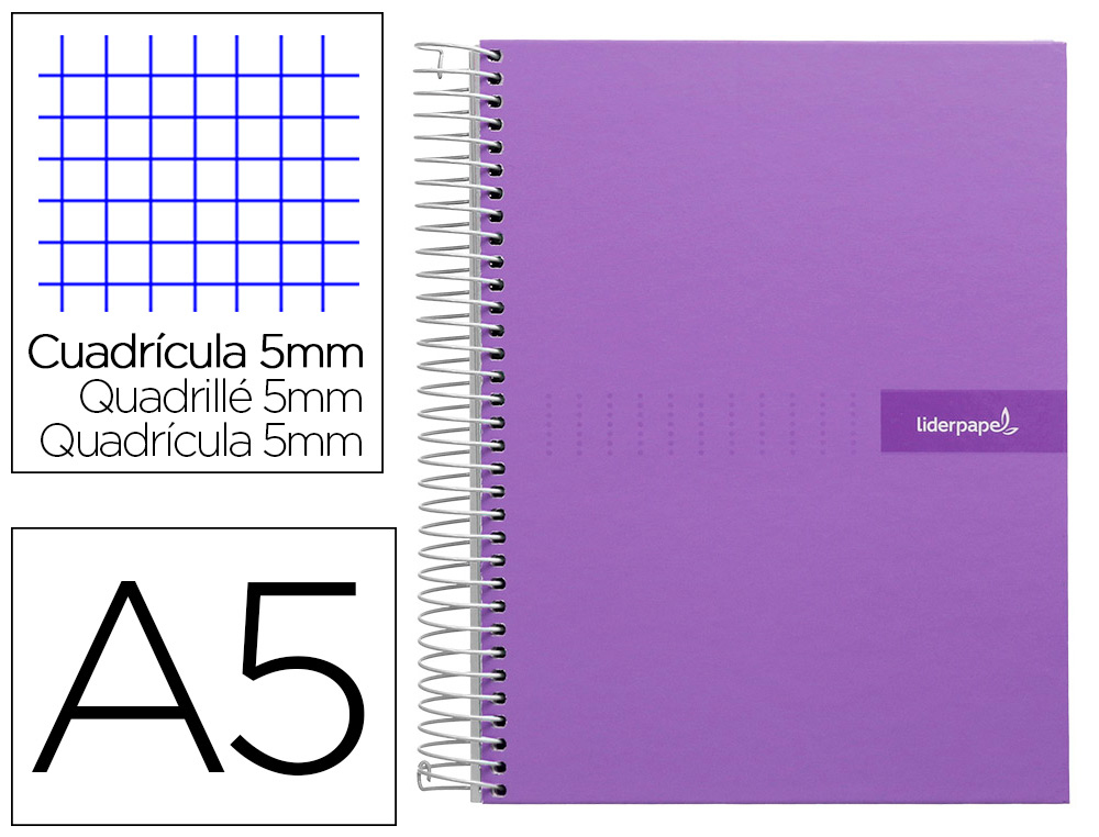 LIDERPAPEL - Cuaderno espiral a5 micro crafty tapa forrada 120h 90 gr cuadro 5mm 5 bandas6 taladros color violeta (Ref. BJ73)