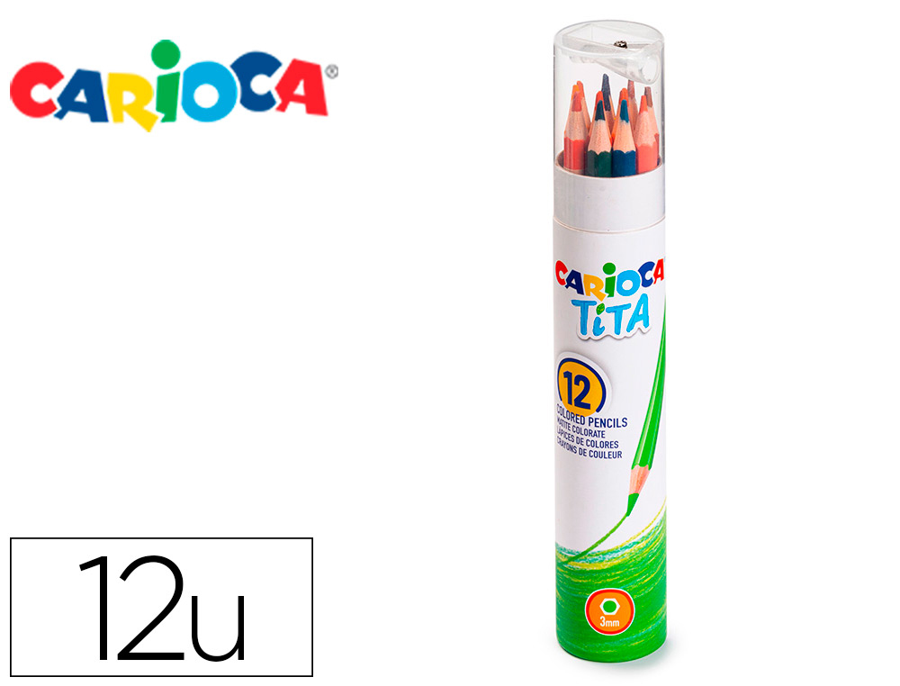 CARIOCA - Lapices de colores tita mina 3 mm tubo metal 12 colores surtidos + Sacapuntas/Afilalapices (Ref. 43340)