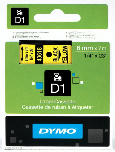 DYMO - Cintas D1 Rotulacion 6mmX7m Negro/amarillo Adhesivo permanente (Ref.S0720790)
