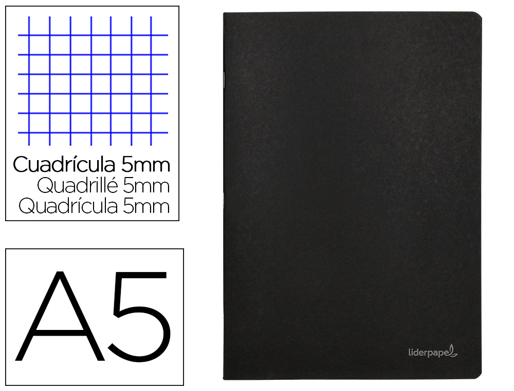 LIDERPAPEL - LIBRETA TAPA NEGRA A5 80 HOJAS 60G/M2 CUADRO 5MM CON DOBLE MARGEN (Ref.LA17)