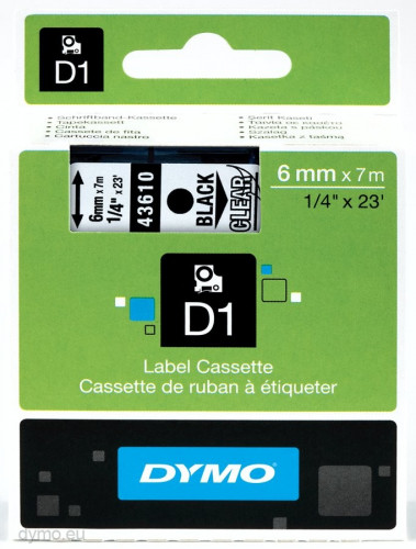 DYMO - Etiquetas D1 6 mm Adhesivo permanente Negro/Transparente (Ref.S0720770)