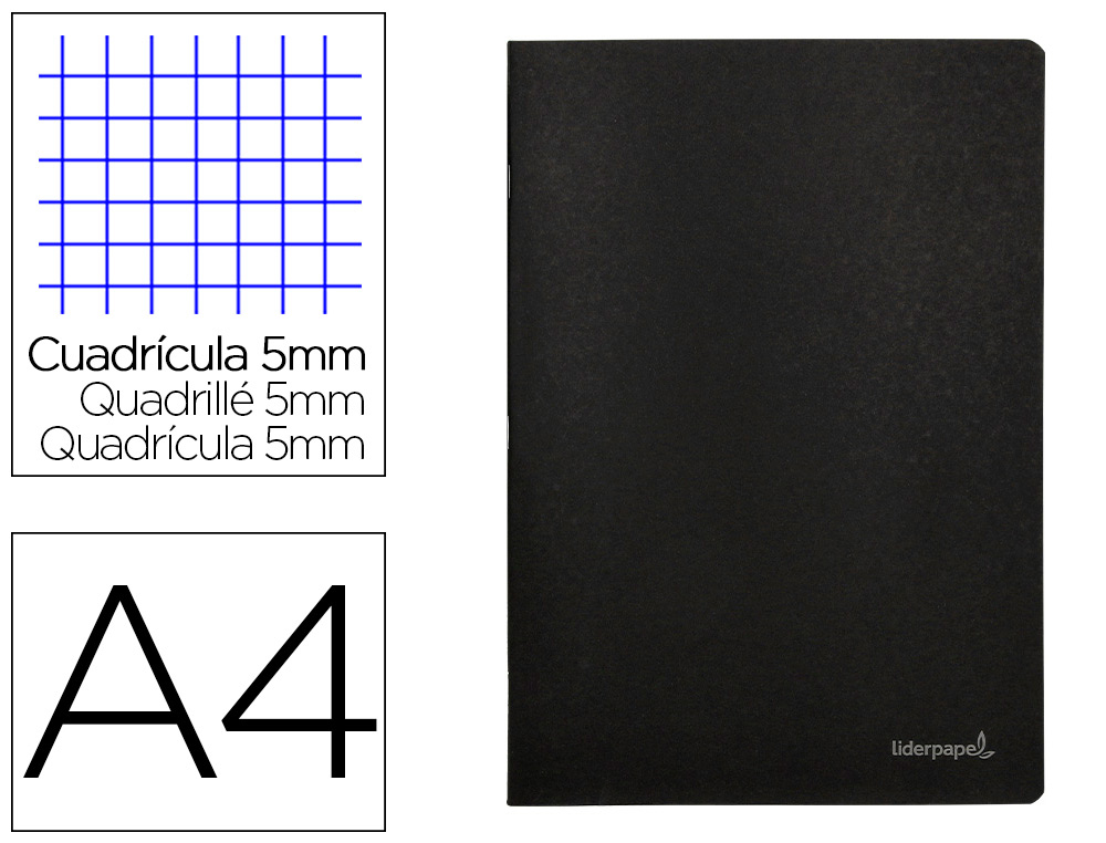LIDERPAPEL - LIBRETA TAPA NEGRA A4 80 HOJAS 60G/M2 CUADRO 5MM CON DOBLE MARGEN (Ref.LA14)