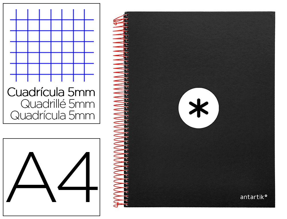 ANTARTIK - CUADERNO ESPIRAL LIDERPAPEL A4 MICRO TAPA FORRADA 120H 100 GR CUADRO5MM 5 BANDAS 4 TALADROS COLOR NEGRO (Ref.KD30)