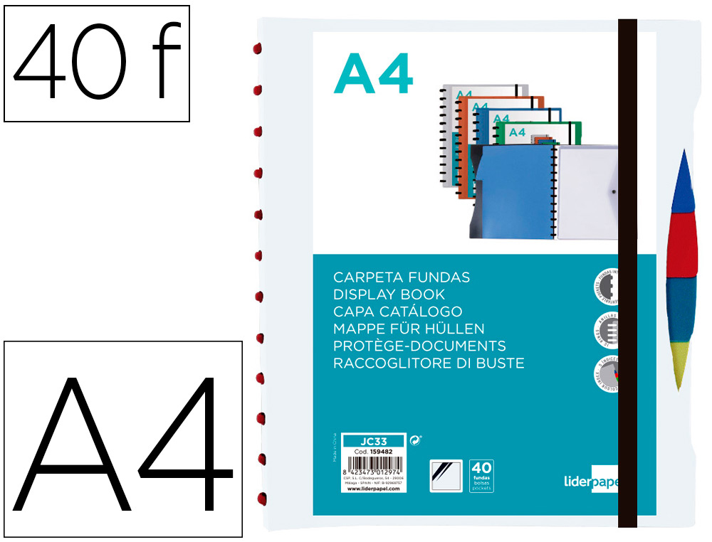 LIDERPAPEL - Carpeta A4 con 40 fundas intercambiables 5 sep sobre y gomilla portada y lomopersonalizable transparente (Ref. JC33)